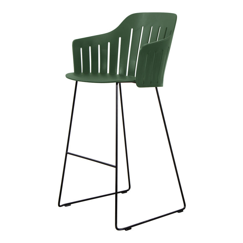 Green slatted back bar stool with a sleek black metal frame. Modern design perfect for stylish décor.