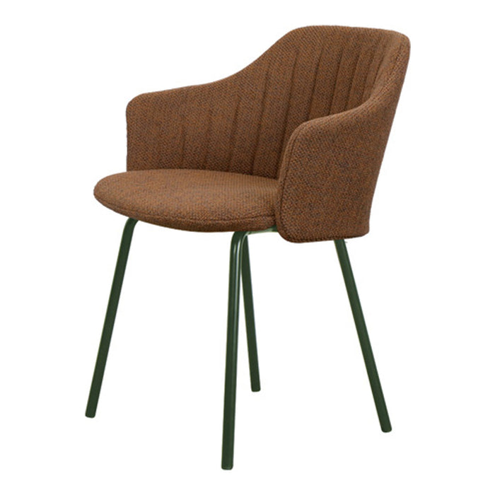 Brown upholstered chair with vertical stitching and green metal legs, perfect for modern decor.