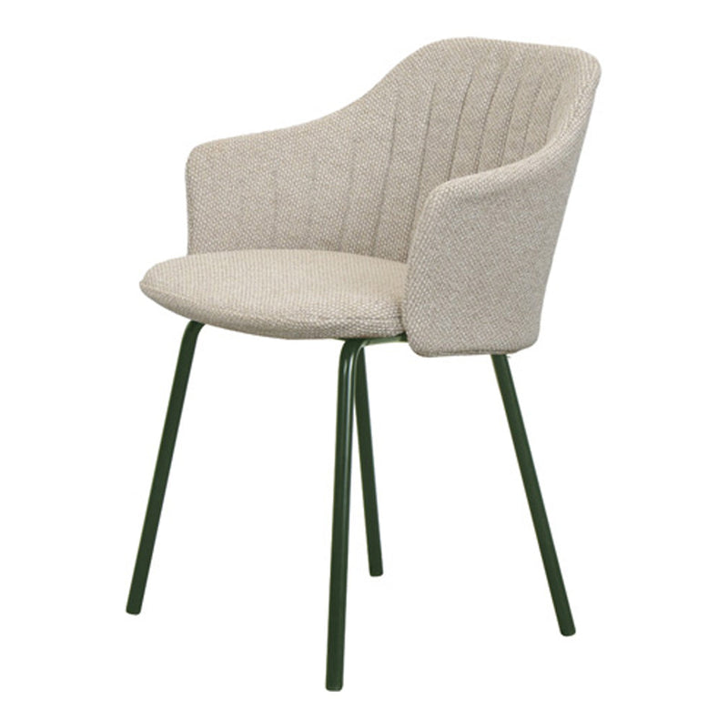 Cream fabric chair with ribbed texture and green metal legs, offering a modern and stylish look for any space.