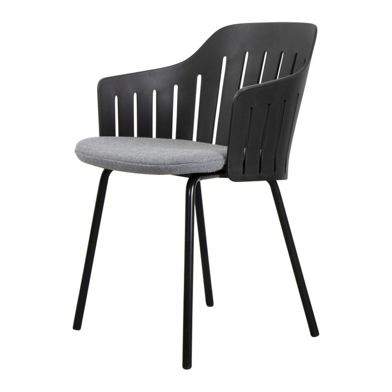 Modern black chair with a slatted back design and a gray cushioned seat, perfect for stylish dining or workspace.