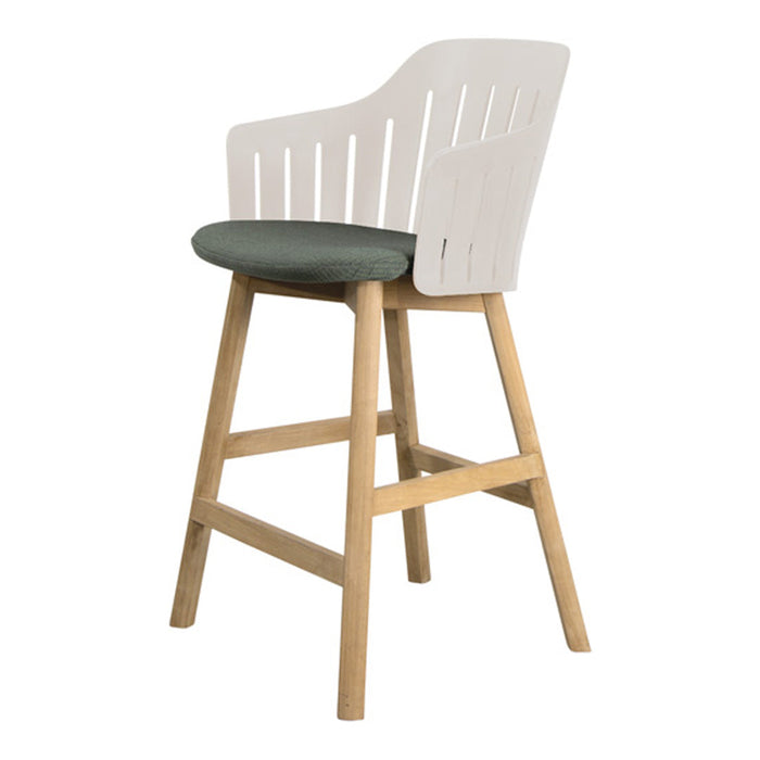 White wooden bar stool with a green cushion and natural wood legs, featuring a modern slatted design.