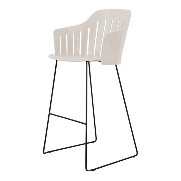 Light gray modern bar chair with slatted back design and sleek black metal legs. Minimalist and stylish for any decor.