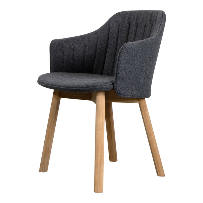 Stylish gray upholstered chair with vertical ribbed pattern and natural wood legs, perfect for modern decor.