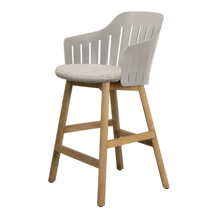 Stylish light gray bar stool with a textured cream seat and natural wood legs, featuring sleek vertical slats.