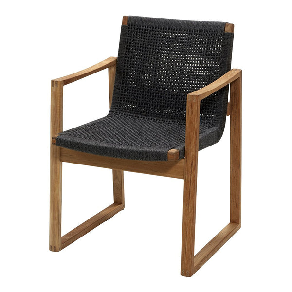 Black woven seat with wooden armrests and frame, showcasing a modern, minimalist design. Perfect for contemporary spaces.