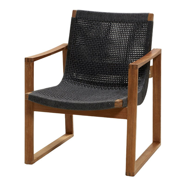Black woven seat with natural wood frame, featuring a modern, minimalist design and stylish textures.