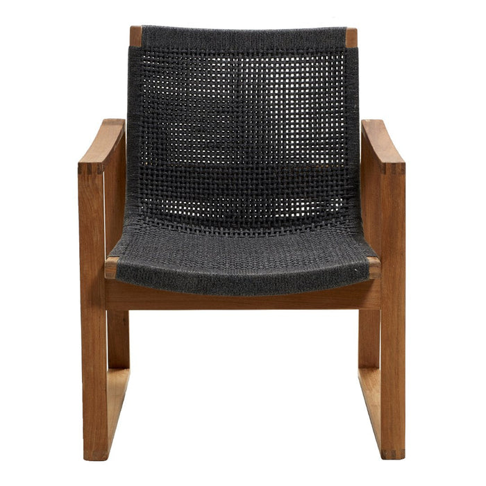Stylish black woven chair with a wooden frame, featuring a modern minimalist design. Perfect for contemporary decor.