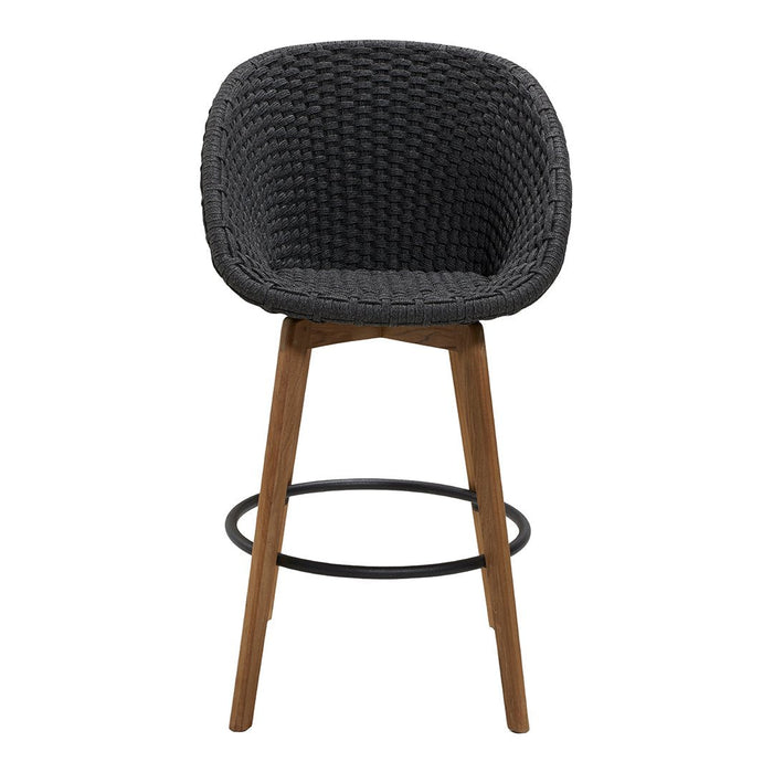 Black woven bar stool with a natural wood base and a sleek circular footrest. Modern textural design.