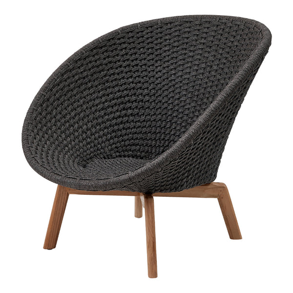 "Stylish round chair in dark gray woven pattern with natural wood legs."