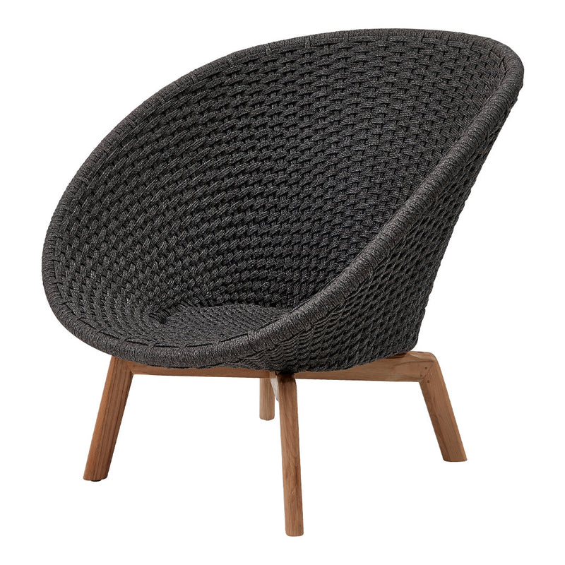 "Stylish round chair in dark gray woven pattern with natural wood legs."