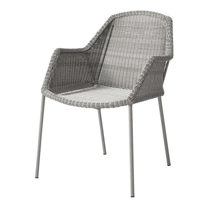Gray woven chair with a sleek, modern design and subtle textured pattern on a light gray frame. Perfect for outdoor use.