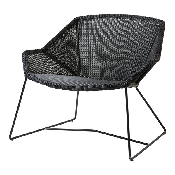 Black woven chair with a modern geometric pattern and sleek metal frame. Ideal for contemporary decor.