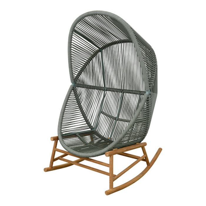 Gray woven rocking chair with a unique curved design and natural wood base. Modern style for any outdoor space.