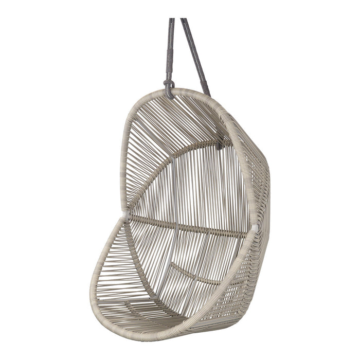 Beige hanging chair with a unique, woven pattern, featuring curved lines and an open design. Perfect for modern decor.