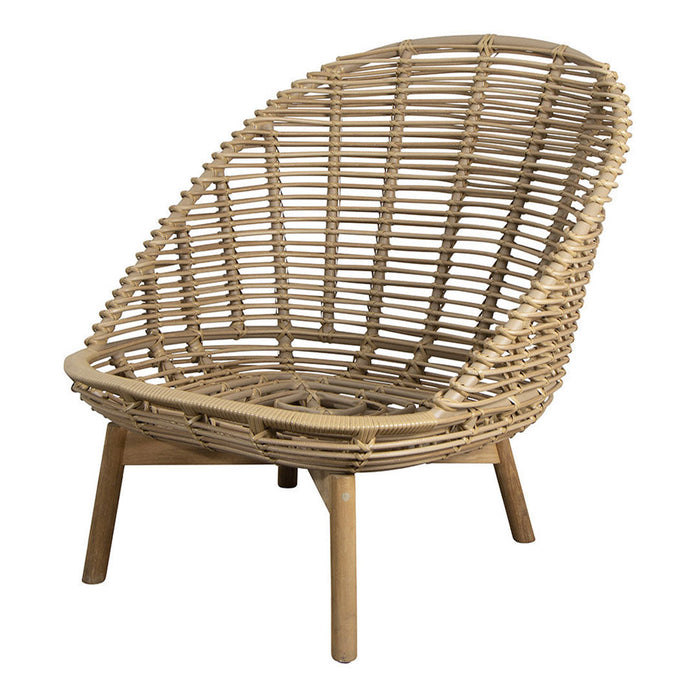 Natural woven rattan chair in a warm beige tone, featuring a unique open pattern and curved silhouette.