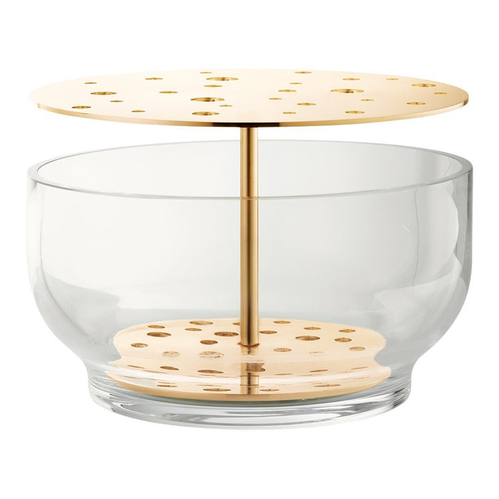 Clear glass bowl with a gold dotted lid and base, showcasing a modern, elegant design. Perfect for stylish storage.