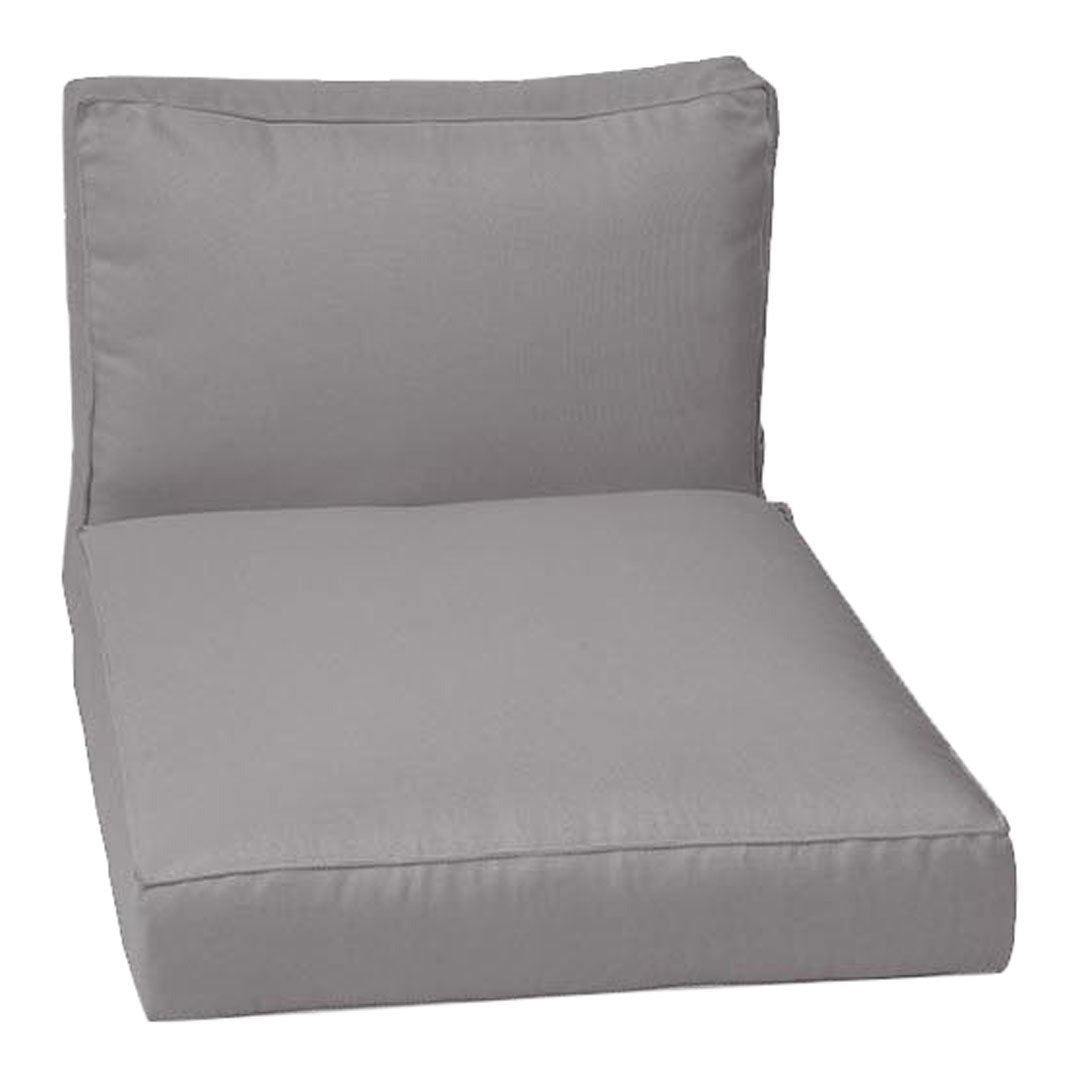 Gray outdoor lounge chair cushion with a simple, solid pattern for modern decor. Ideal for comfort and style.