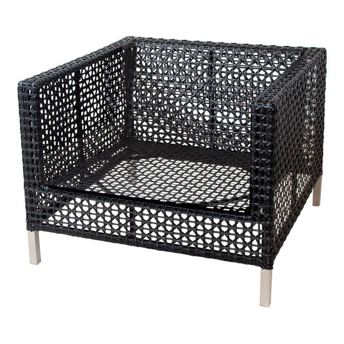 Black woven rattan armchair with a geometric pattern and silver legs, perfect for modern outdoor or indoor decor.