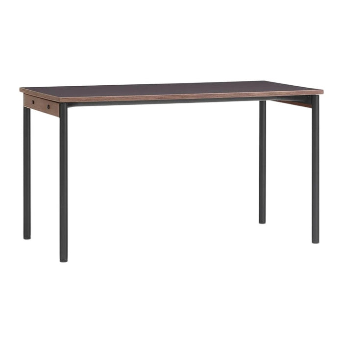 Sleek black desk with a natural wood-tone top and minimalist design. Perfect for modern workspaces.