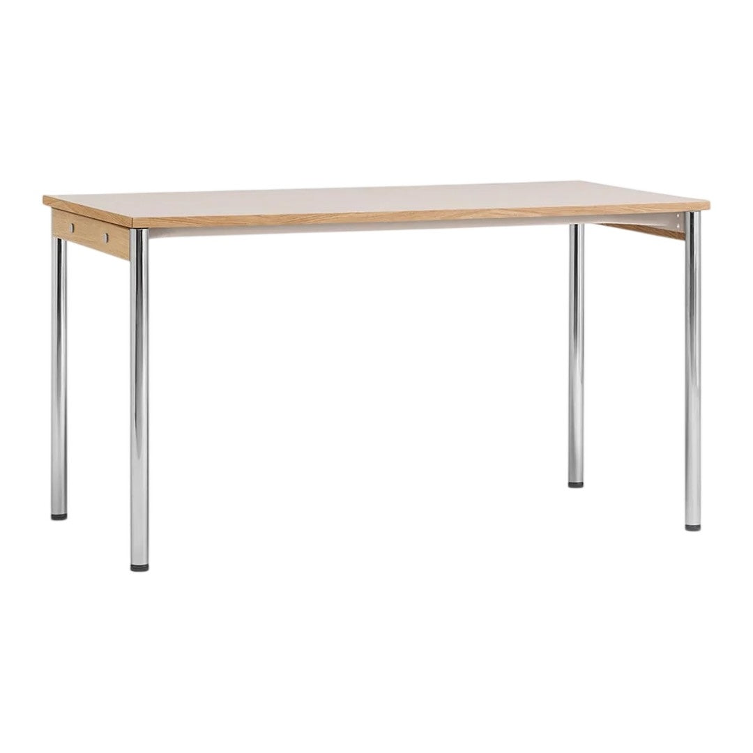 Light wood tabletop with a smooth finish and sleek chrome legs, offering a minimalistic design for modern spaces.