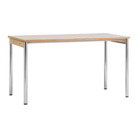 Light wood tabletop with a smooth finish and sleek chrome legs, offering a minimalistic design for modern spaces.