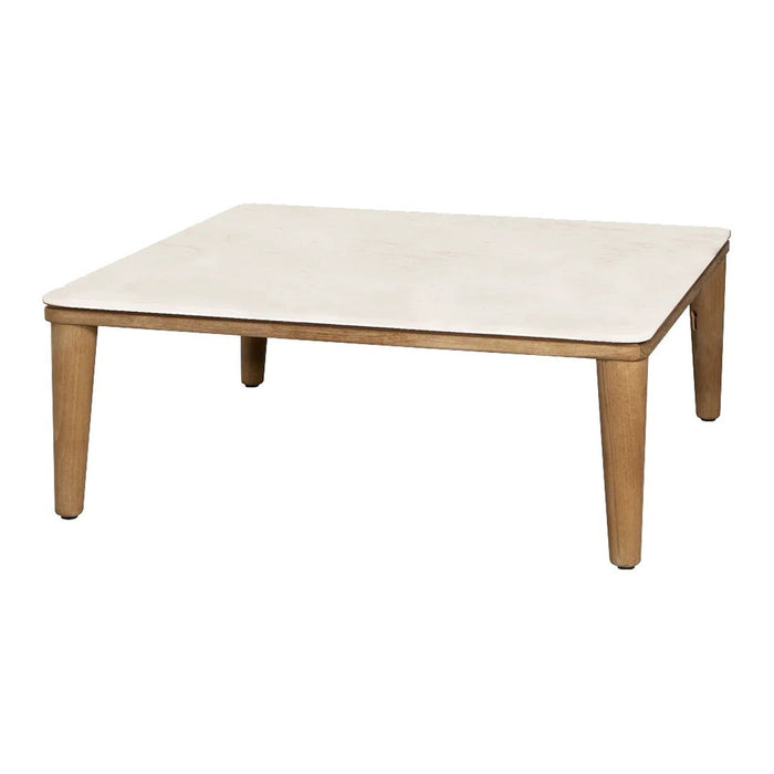 Minimalist square coffee table with a smooth white top and light wooden legs, perfect for modern decor.