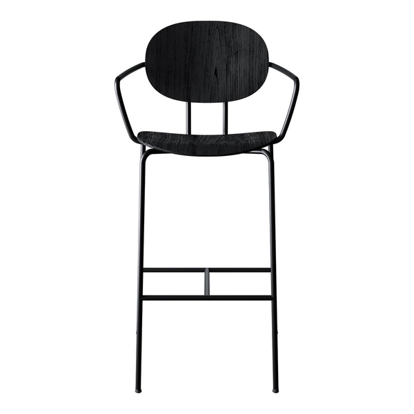 Black metal bar stool with a sleek, minimalist design and curved backrest. Perfect for modern spaces.