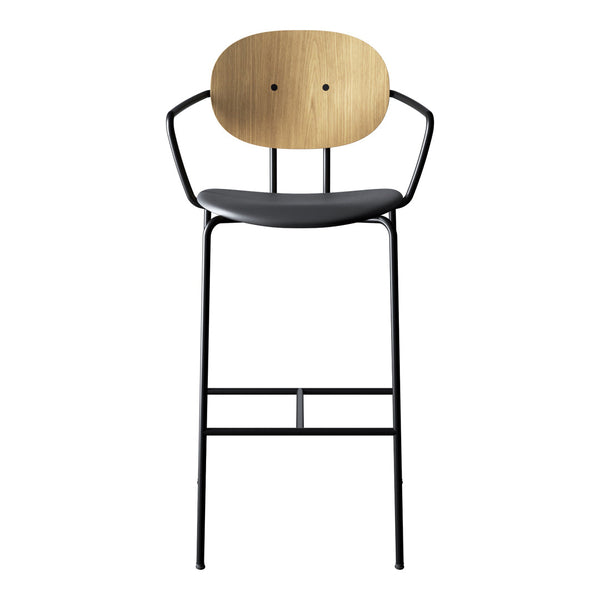 Modern black metal bar stool with a natural wood backrest, featuring clean lines and minimalistic design.