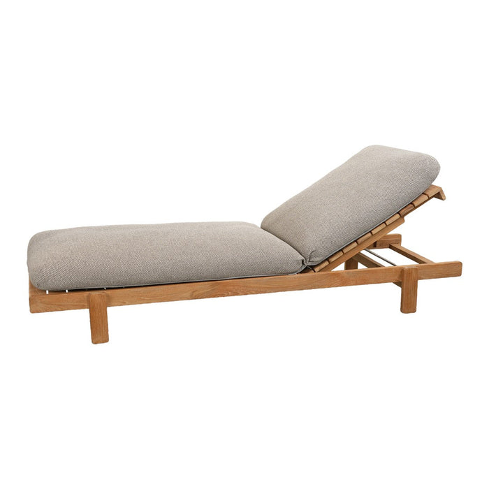 Gray fabric chaise lounge with a natural wood frame, featuring a simple, elegant design. Perfect for outdoor relaxation.