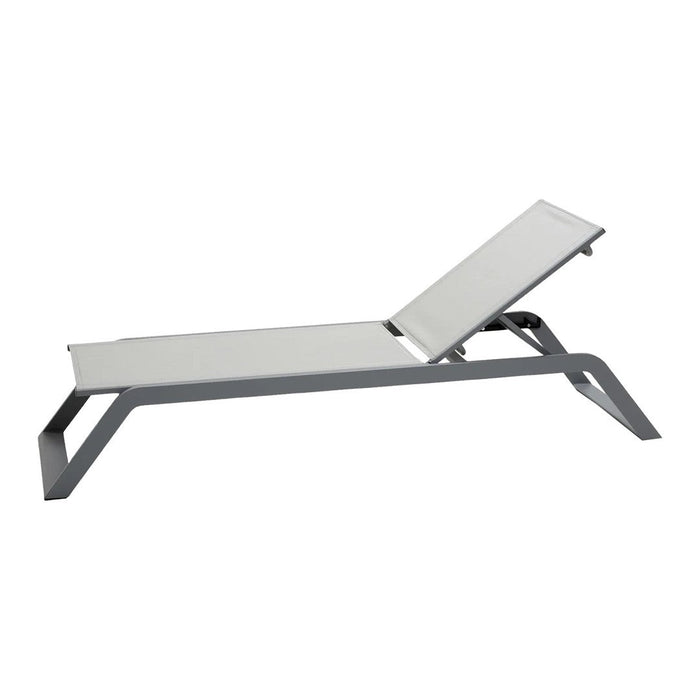 Sleek gray aluminum frame with a white fabric lounge chair, perfect for modern outdoor settings.