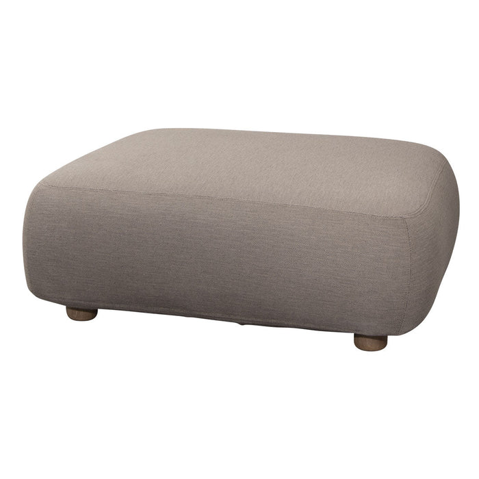 Gray upholstered ottoman with a smooth, minimalist design and wooden legs, ideal for modern living spaces.