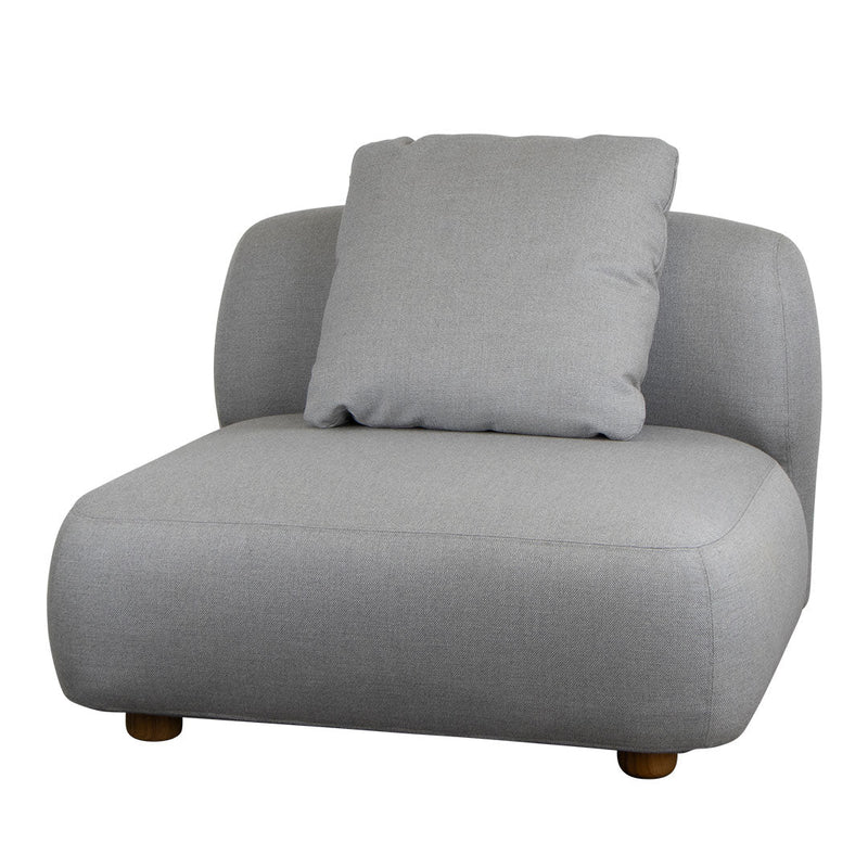 Gray upholstered armchair with a matching cushion, featuring smooth fabric and minimalist design. Perfect for modern decor.