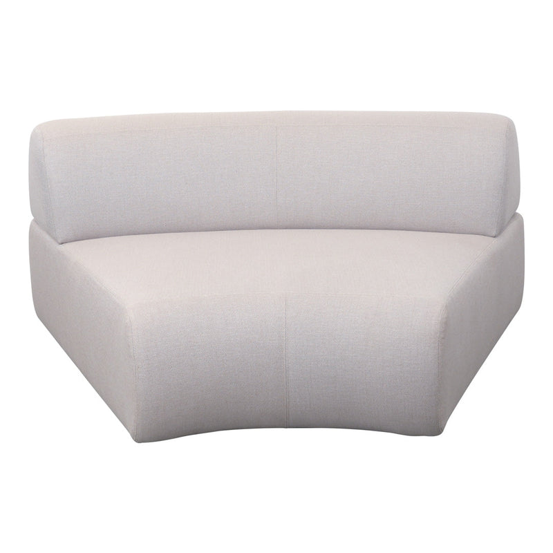 Curved light gray fabric sofa with a minimalist design, perfect for modern living spaces.