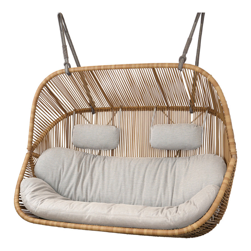 Natural rattan swing with beige cushions and soft gray fabric, featuring a modern, minimalist design.