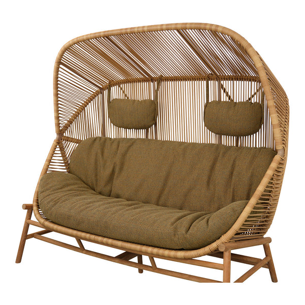 Brown upholstered sofa swing with natural woven rattan frame and soft cushions, featuring a minimalist design.
