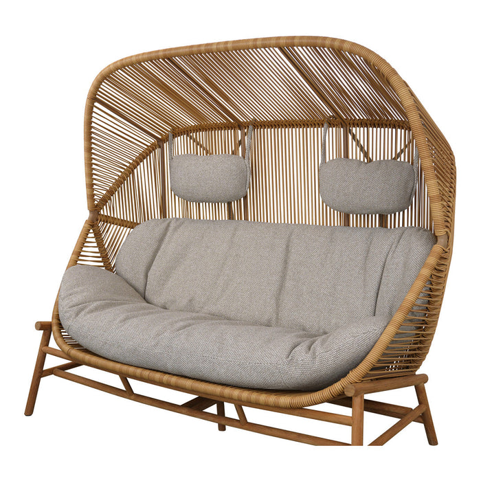"Light beige cushions on a stylish rattan swing with a natural woven pattern and curved silhouette."