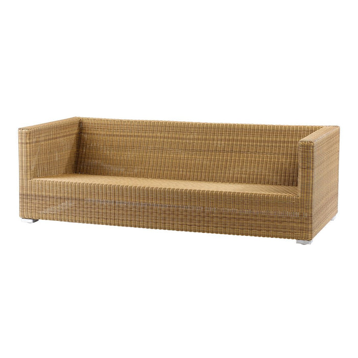 Beige wicker sofa with a minimalist design and clean lines, ideal for modern outdoor spaces.