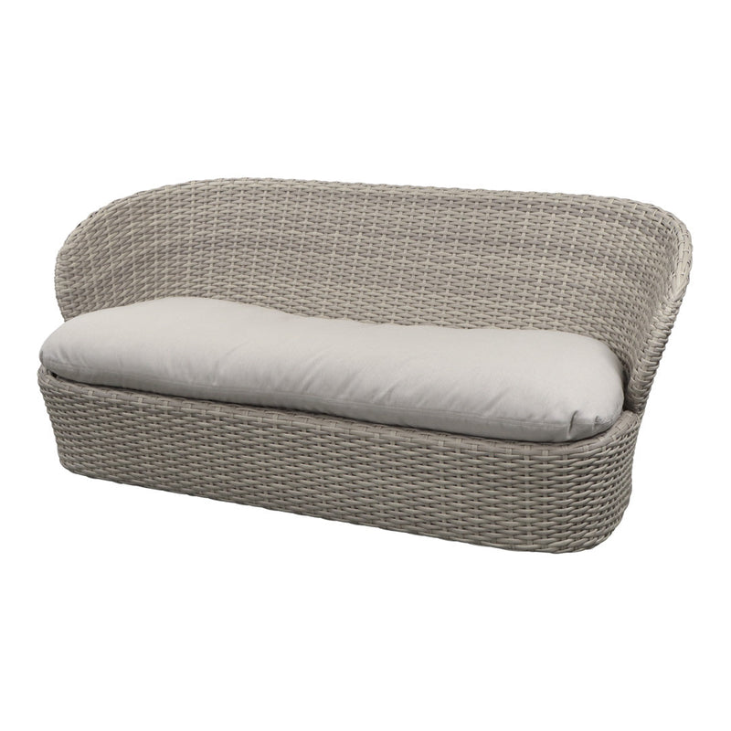 Gray wicker sofa with a soft, light gray cushion, featuring a smooth, curved design for a modern look.