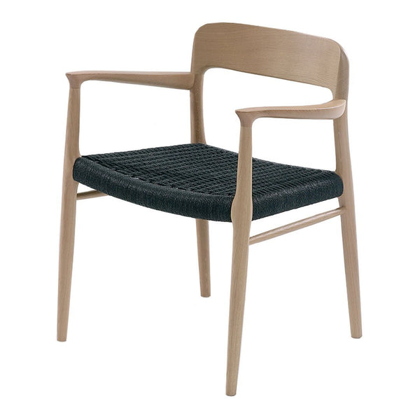 Light wood chair with natural finish and a textured black woven seat, adding a modern touch to any decor.