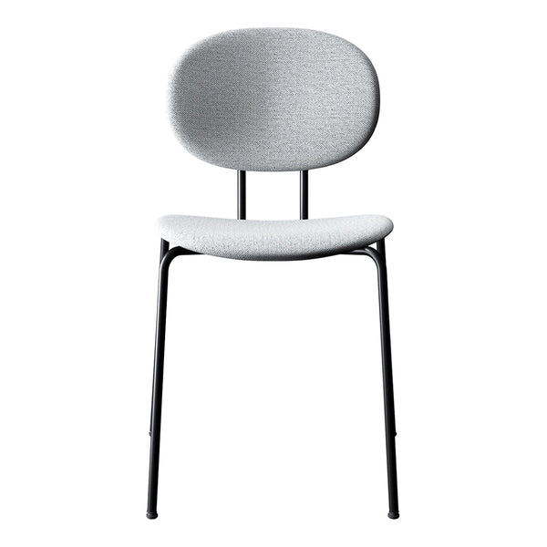 Gray upholstered chair with a smooth finish and sleek black metal legs, featuring a minimalist, modern design.