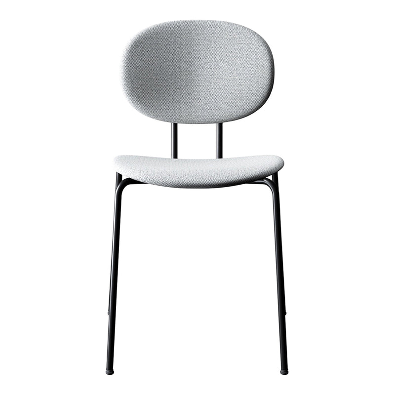Gray upholstered chair with a smooth finish and sleek black metal legs, featuring a minimalist, modern design.
