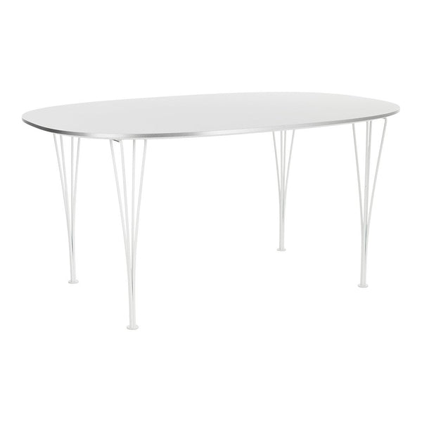 Sleek white oval table with minimalist design and elegant metal legs, perfect for modern dining spaces.