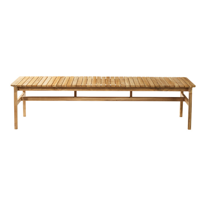 Natural bamboo table with a smooth, light brown finish and a slatted design, perfect for modern outdoor decor.