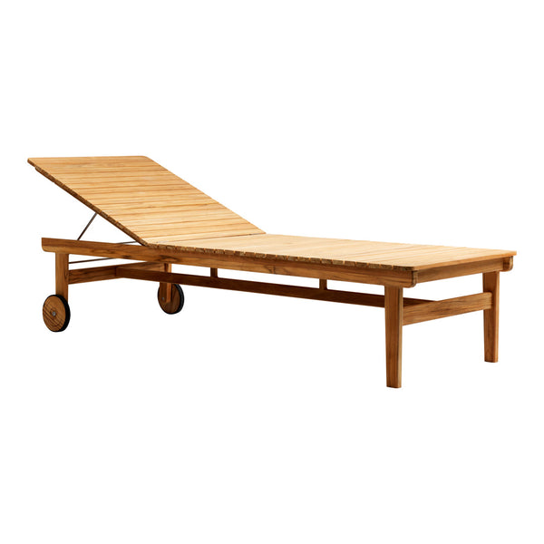 Natural wood lounge chair with a sleek slatted design and light brown finish. Perfect for outdoor relaxation.