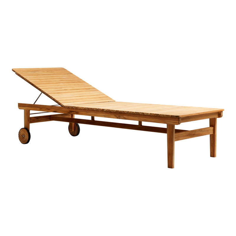 Natural wood lounge chair with a sleek slatted design and light brown finish. Perfect for outdoor relaxation.