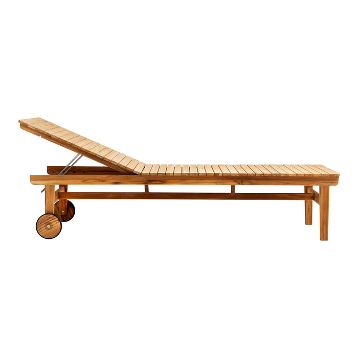 Natural wood lounge chair with a slatted pattern and a warm, honey-toned finish, featuring a reclining backrest.