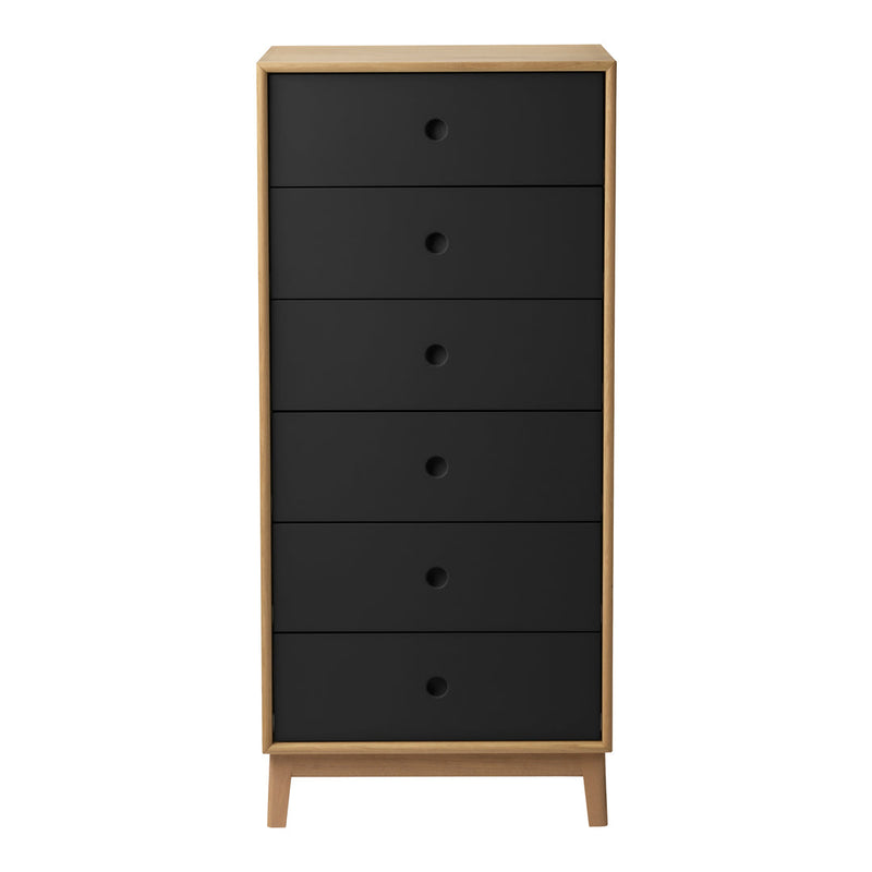 Tall chest of drawers featuring a sleek black finish with natural wood accents and minimalist design.