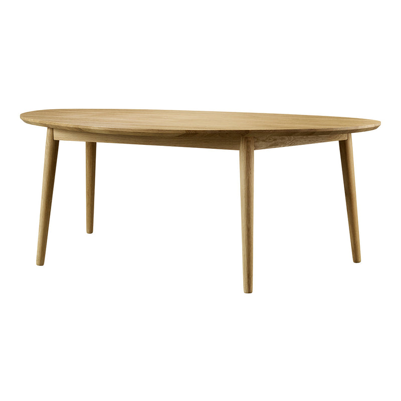 Natural wood oval coffee table with a smooth finish and minimalist design, featuring light tan and golden brown hues.