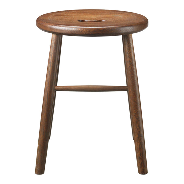 Brown wooden stool with a round top and natural finish, featuring smooth grain and minimalist design.