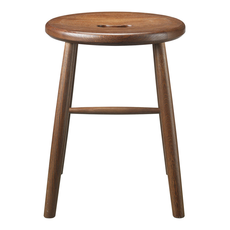 Brown wooden stool with a round top and natural finish, featuring smooth grain and minimalist design.